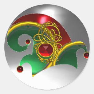 ELF HAT /GOLD JEWELS DIAMOND FEATHERS , GEM STONES CLASSIC ROUND STICKER