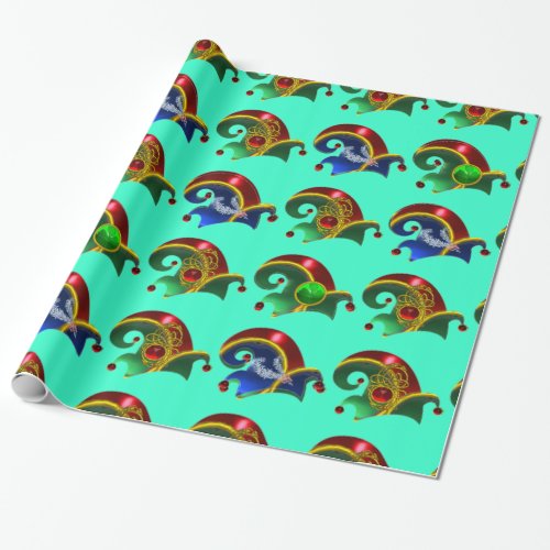 ELF HATS SHAMROCK DIAMOND FEATHERS Aqua Blue Wrapping Paper