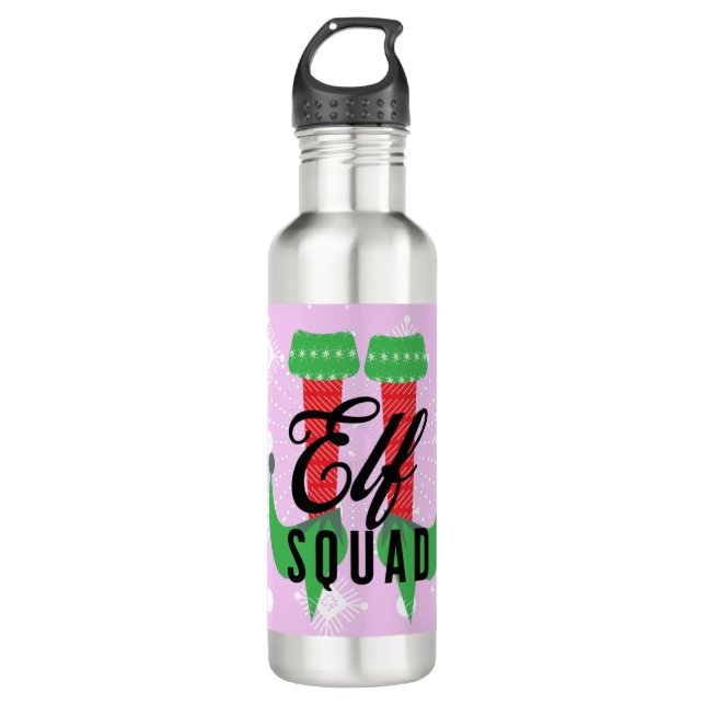 Elf Heels Squad Christmas Holiday Snowflakes Pink Stainless Steel Water Bottle (Front)