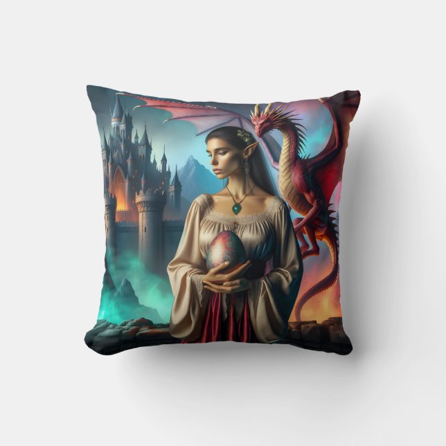Elf holding a dragon egg throw pillow (Front)