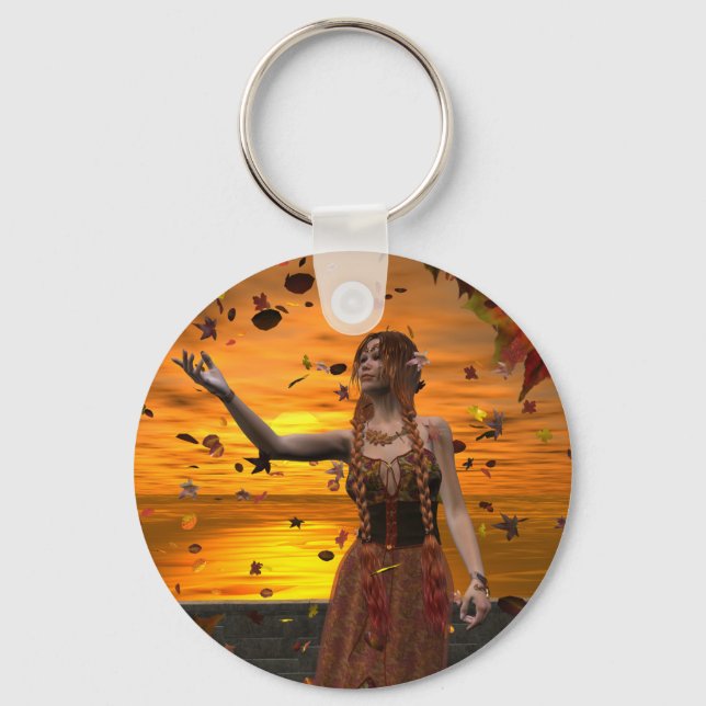 Elf in Falling Leaves Against an Autumn Sunset Keychain (Front)