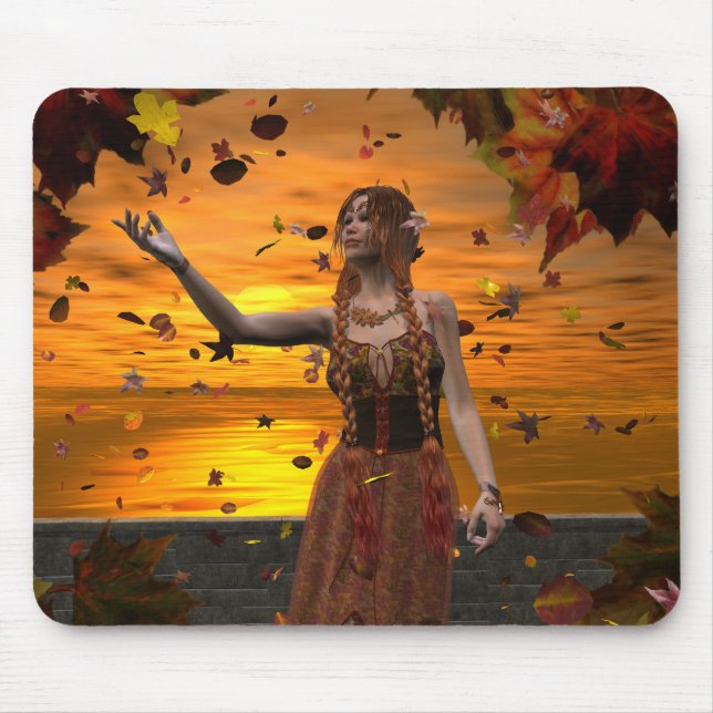 Elf in Falling Leaves Against an Autumn Sunset Mouse Pad (Front)