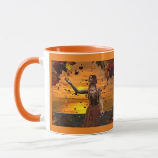 Elf in Falling Leaves Against an Autumn Sunset