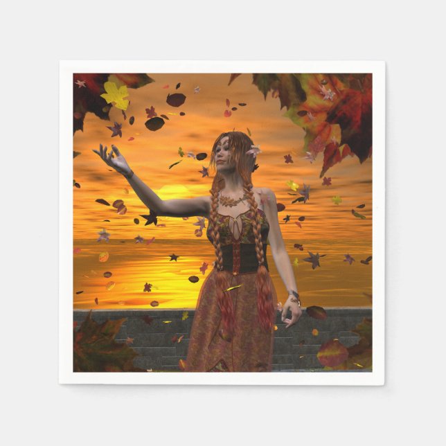 Elf in Falling Leaves Against an Autumn Sunset Napkins (Front)