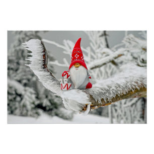 Elf in Ice Storm with Presents and Red Hat Poster