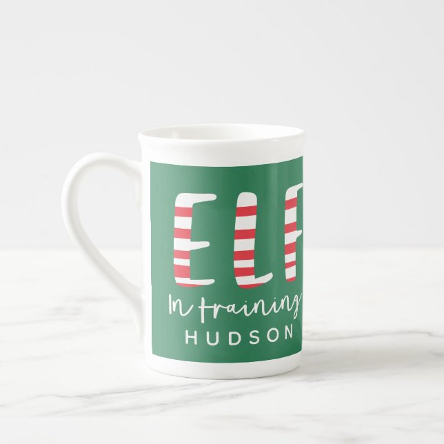 Elf in training festive red, green and white bone china mug (Left)