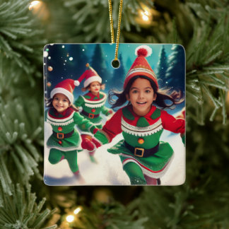 Elf Kids Running in the Snow Custom Ceramic Ornament