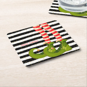 Elf Legs Black and White Stripes Christmas  Square Paper Coaster