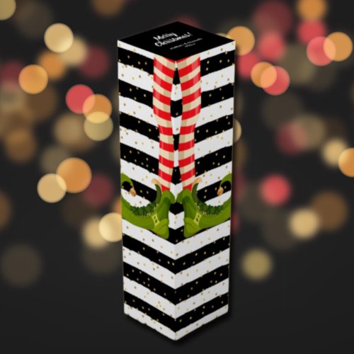 Elf Legs Black White Stripes Holiday Christmas Wine Box