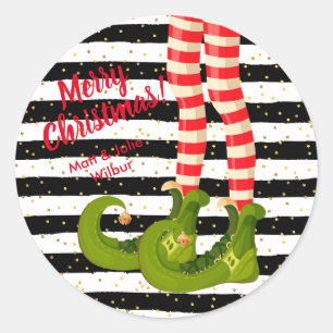 Elf Legs on Stripes Merry Christmas Classic Round Sticker