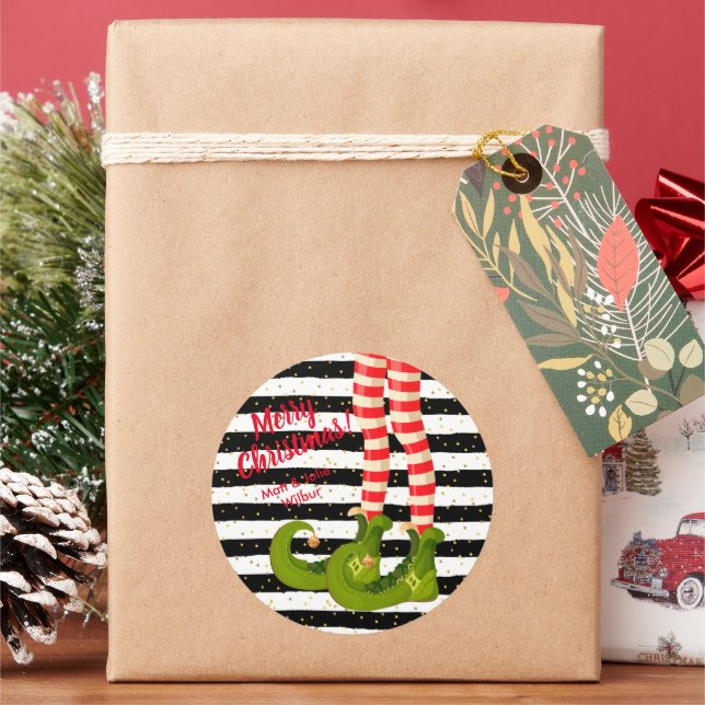 Elf Legs on Stripes Merry Christmas Classic Round Sticker (Holiday)