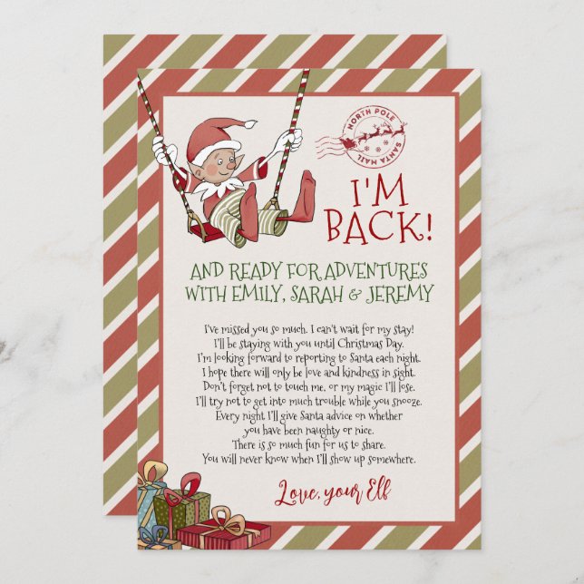 Elf Letter "I'm Back" for Christmas Invitation (Front/Back)