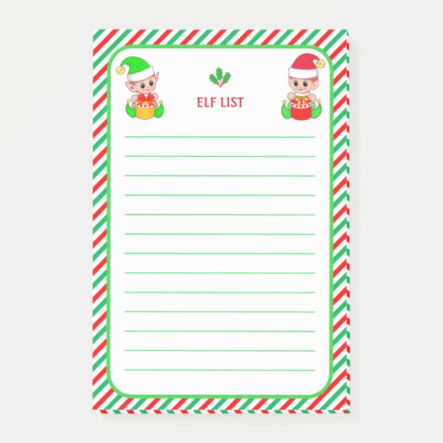 Elf List & Green, Red & White Frame Post-it Notes (Front)