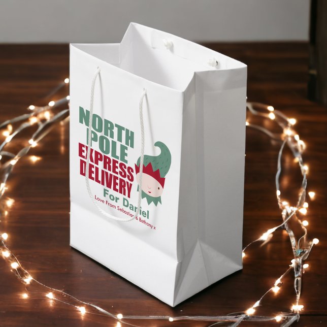 Elf North Pole Express Delivery Personalized Medium Gift Bag (North Pole Express Delivery Personalized Elf Gift Bag from Ricaso)