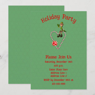 Elf On Candy Cane Heart Christmas Holiday  Invitation
