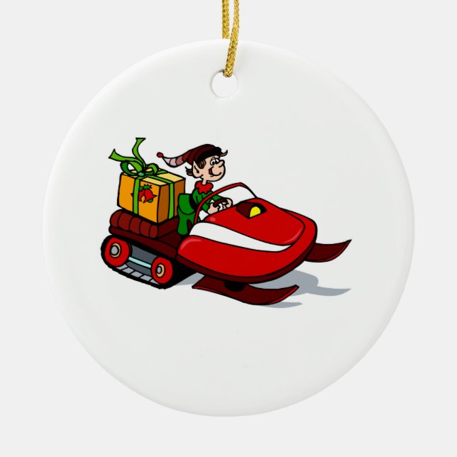 elf on snow mobile ceramic ornament (Front)