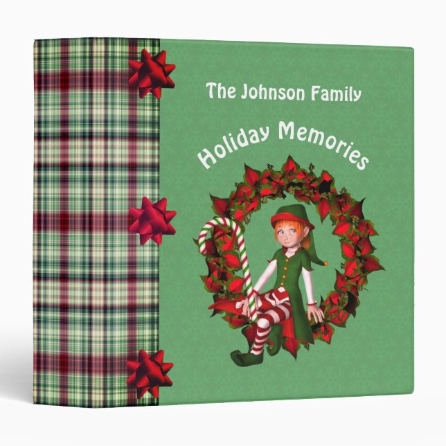 Elf Poinsettia Wreath Holiday Personalized Photo 3 Ring Binder (Front/Spine)