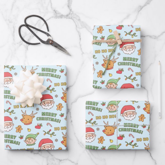 Elf, Reindeer, Santa, Merry Christmas Pattern Wrapping Paper Sheets (Front)
