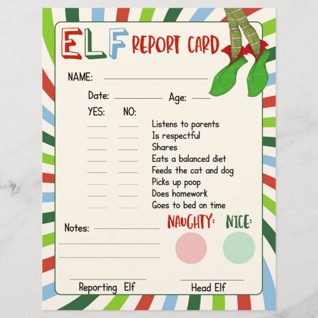 Elf Report Card Naughty or Nice Behaviour (Front)