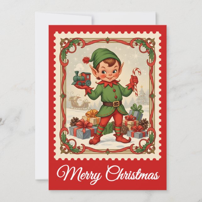 Elf | Retro Postage Stamp Christmas Card (Front)