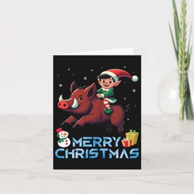 Elf Riding Boar Snowman Present Merry Christmas Da Card (Front)
