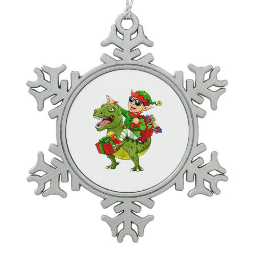 ELF Riding Dinosaur T Rex Boys Men Merry Christmas Snowflake Pewter Christmas Ornament