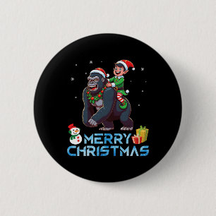 Elf Riding Gorilla Snowman Present Merry Christmas Button