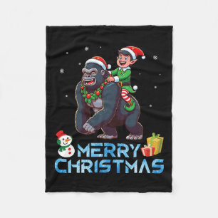 Elf Riding Gorilla Snowman Present Merry Christmas Fleece Blanket