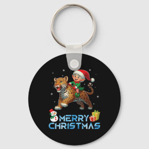 Elf Riding Leopard Snowman Present Merry Christmas Keychain