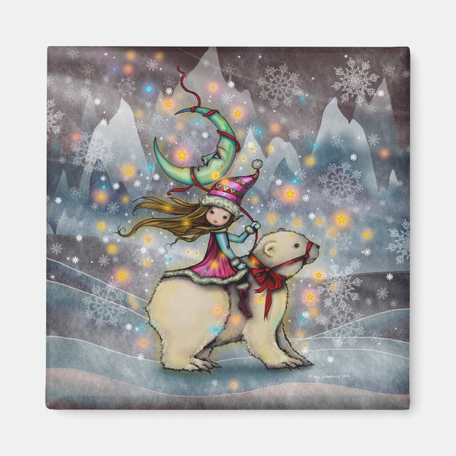 Elf Riding Polar Bear Christmas Holiday Art Magnet (Front)