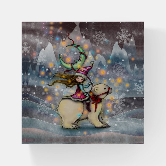 Elf Riding Polar Bear Christmas Holiday Art Paperweight (Front)