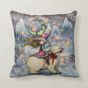 Elf Riding Polar Bear Christmas Holiday Art Throw Pillow