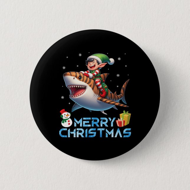 Elf Riding Tiger Shark Snowman Present Merry Chris Button (Front)