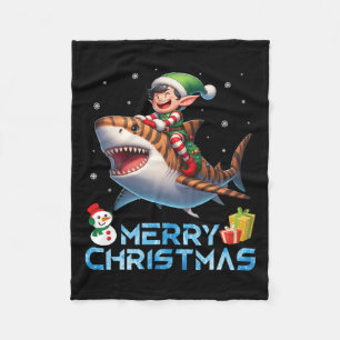 Elf Riding Tiger Shark Snowman Present Merry Chris Fleece Blanket