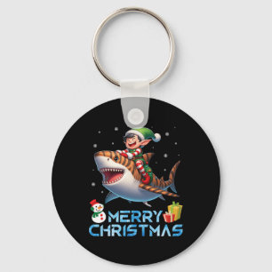 Elf Riding Tiger Shark Snowman Present Merry Chris Keychain