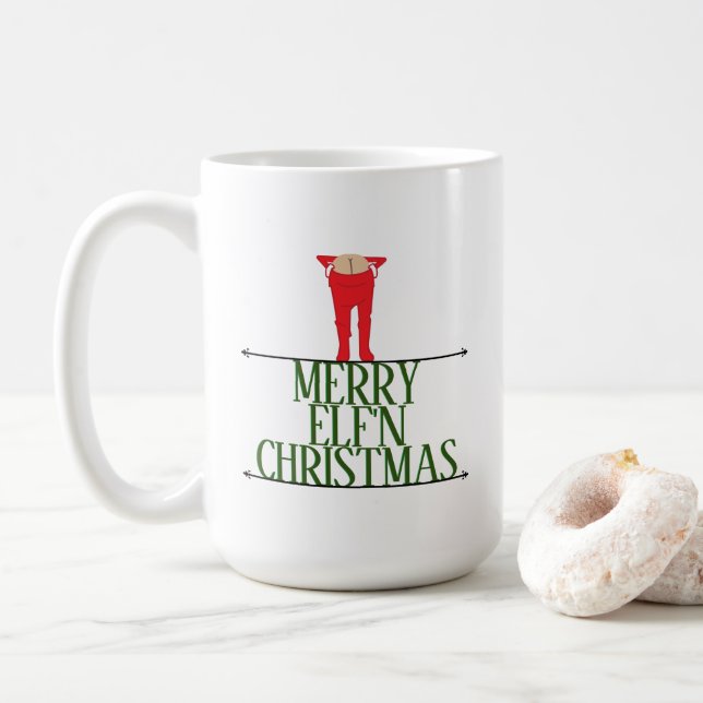 Elf Shenanigans Christmas Greeting Sign Coffee Mug (With Donut)
