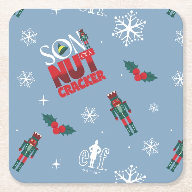 Elf "Son of a Nutcracker" Winter Pattern Square Paper Coaster (Front)