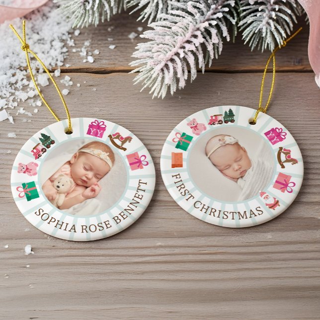 Elf Toy Factory Baby's First Pink Christmas Photo Ceramic Ornament (Elf Toy Factory Baby's First Pink Christmas Photo Ceramic Ornament)