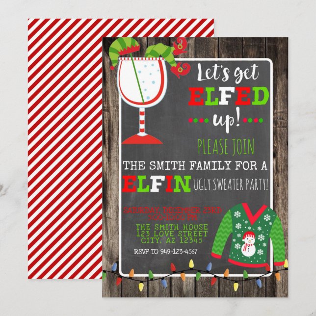 Elf Ugly Sweater Cocktail Christmas Party Invite (Front/Back)
