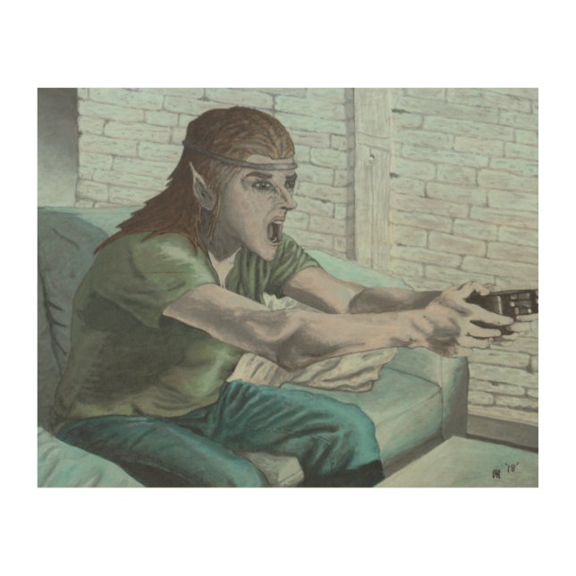 Elf Video Gamer Game Player Fantasy Art Wood Print (Front)