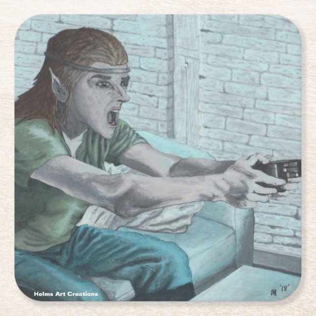 Elf Video Gamer Playing Game Fantasy Paper Coaster (Front)