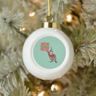 Elf w Polka Dot Gift green ceramic ball ornament