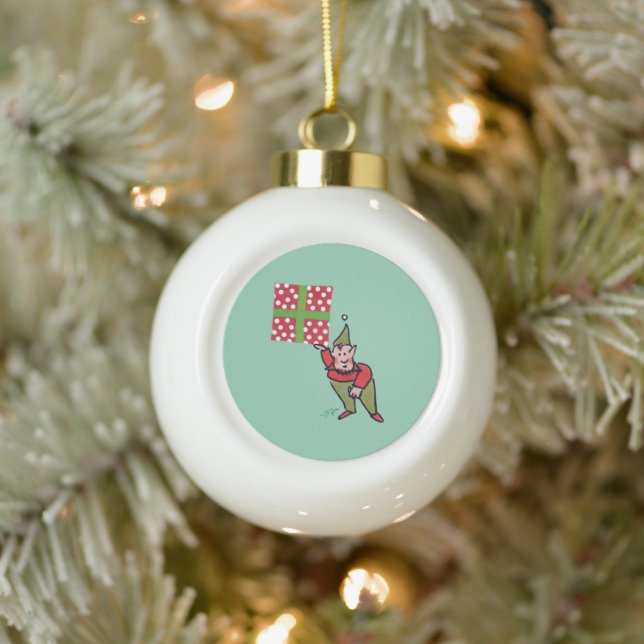 Elf w Polka Dot Gift green ceramic ball ornament (Tree)