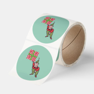 Elf w Polka Dot Gift green lg round stickers roll