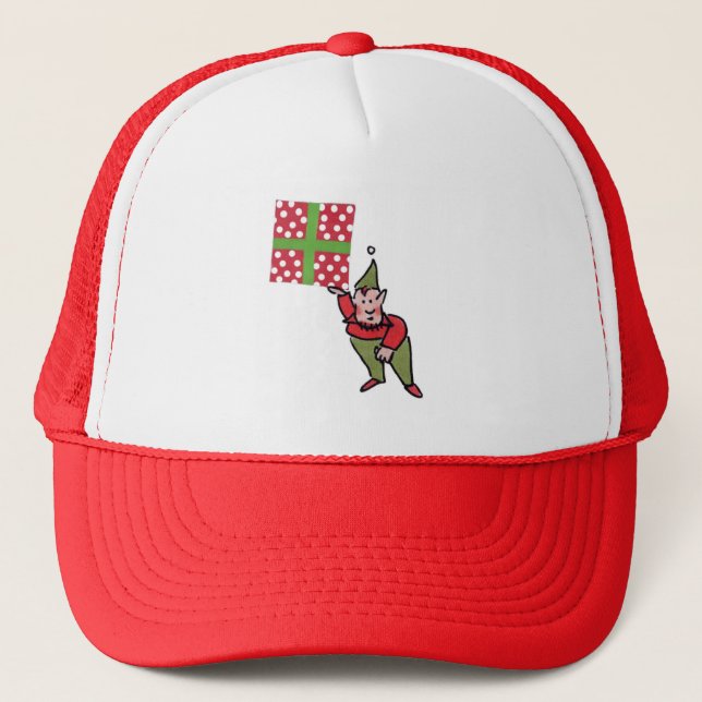 Elf w Polka Dot Gift red n white foam trucker hat (Front)