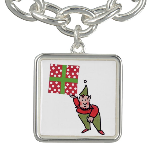 Elf w Polka Dot Gift white silvr sq charm bracelet (Design)