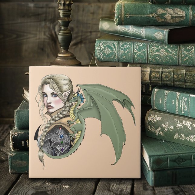 Elf Warrior Dragon Fantasy Magical Medieval Peach Ceramic Tile (Creator Uploaded)