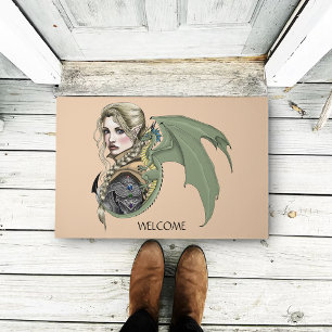 Elf Warrior Dragon Fantasy Magical Medieval Peach Doormat