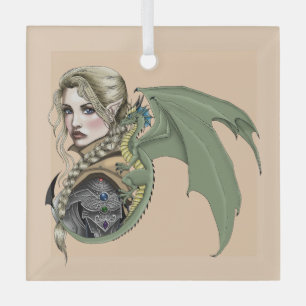 Elf Warrior Dragon Fantasy Magical Medieval Peach Glass Ornament