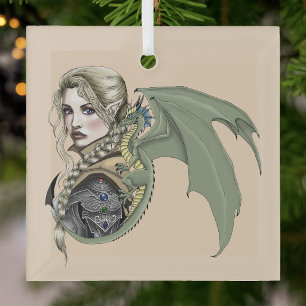 Elf Warrior Dragon Fantasy Magical Medieval Peach Glass Ornament